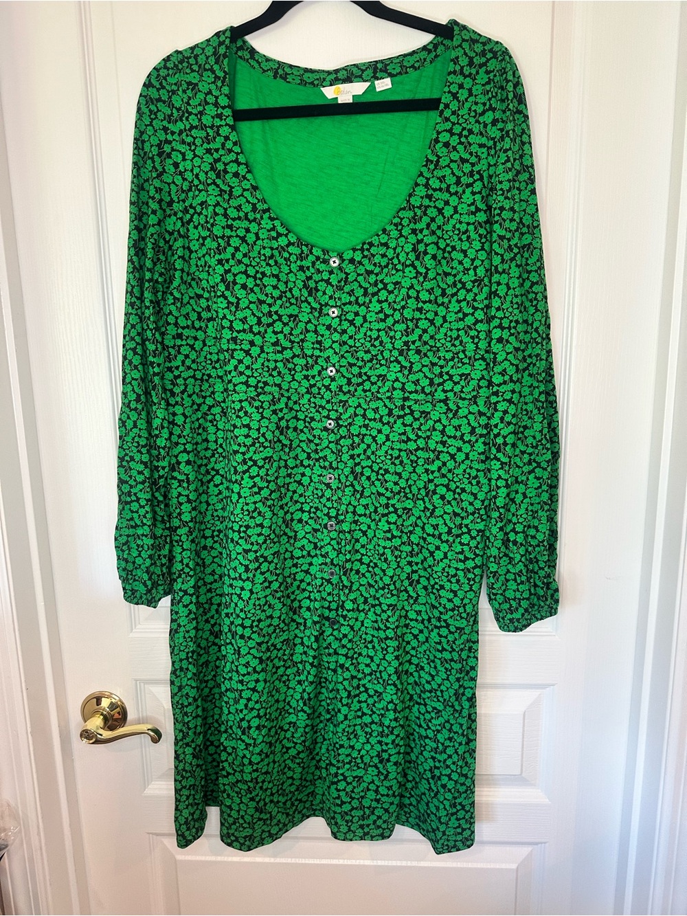 Boden Green & Black Floral Button Front Jersey Mini Dress Long Sleeve